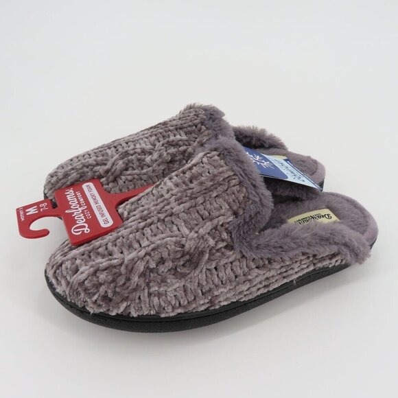 Dearfoams Women Medium 7-8 Grey Chenille Cable Knit Faux Fur Slide Slippers NEW - Picture 13 of 13
